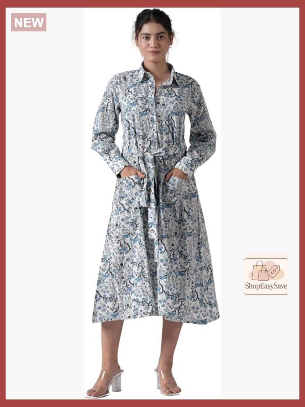 Floral Shirt Dress Long Sleeve Midi Casual Chic Relaxed Fit Belted Pockets